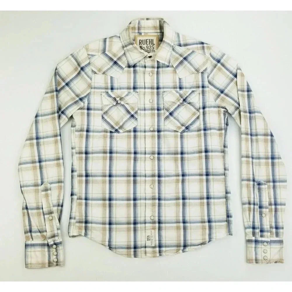 Ruehl No. 925 Size Medium Men's Vanilla Tan Gray Plaid Western Pearl Snap Shirt - Picture 1 of 10